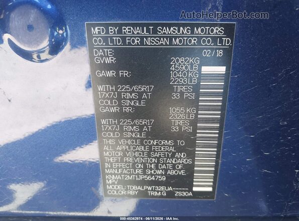 KNMAT2MT1JP564759 2018 NISSAN ROGUE Blue Вид підкапотного простору
