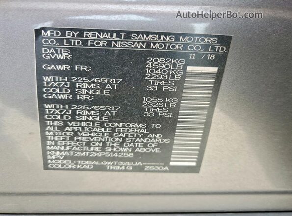 KNMAT2MT2KP514258 2019 NISSAN ROGUE Gray Widok komory silnika