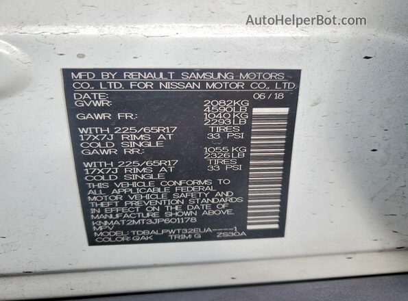 KNMAT2MT3JP601178 2018 NISSAN ROGUE White VIN sticker view