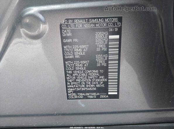 KNMAT2MT3KP548256 2019 NISSAN ROGUE Gray Widok komory silnika