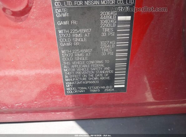 KNMAT2MT4GP668011 2016 NISSAN ROGUE Red Engine compartment view
