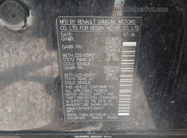 KNMAT2MT4GP722407 2016 NISSAN ROGUE Black Widok komory silnika