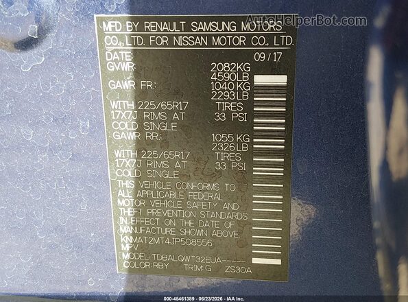 KNMAT2MT4JP508556 2018 NISSAN ROGUE Blue Շարժիչի բաժամունքի տեսք