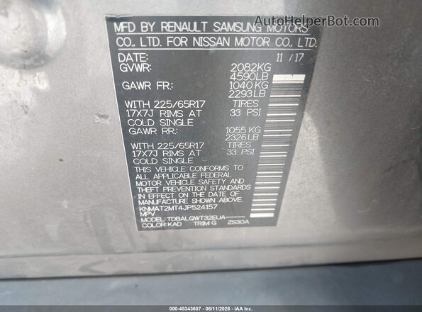 KNMAT2MT4JP524157 2018 NISSAN ROGUE Gray ძრავის განყოფილების ხედი