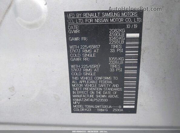 KNMAT2MT4LP523593 2020 NISSAN ROGUE Silver Vista del compartimento del motor