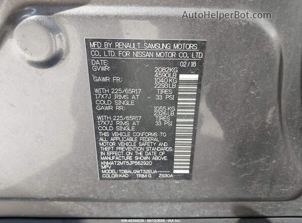 KNMAT2MT5JP562920 2018 NISSAN ROGUE Gray Вид підкапотного простору