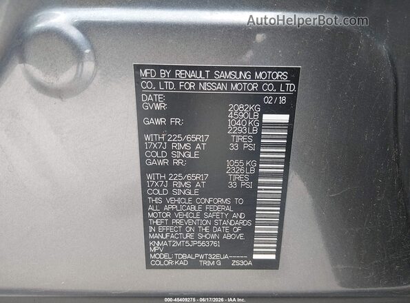 KNMAT2MT5JP563761 2018 NISSAN ROGUE Gray Vista del compartimento del motor