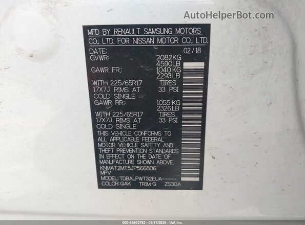 KNMAT2MT5JP566806 2018 NISSAN ROGUE White Widok komory silnika