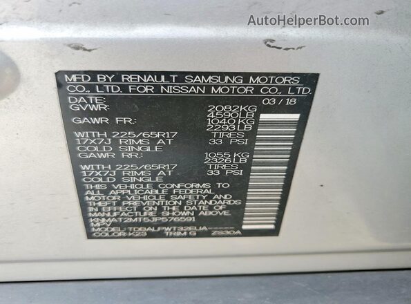 KNMAT2MT5JP576591 2018 NISSAN ROGUE Gray Vista de la etiqueta del VIN