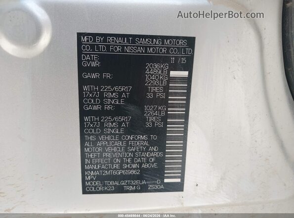 KNMAT2MT6GP619862 2016 NISSAN ROGUE Silver Widok komory silnika