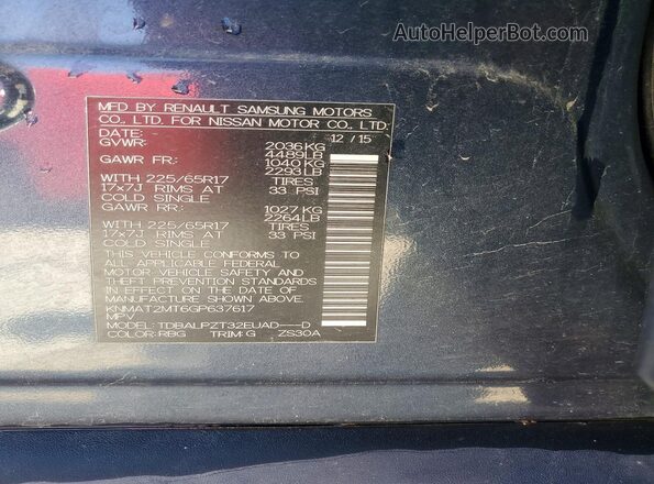 KNMAT2MT6GP637617 2016 NISSAN ROGUE Blue VIN կոդի պիտակի տեսք