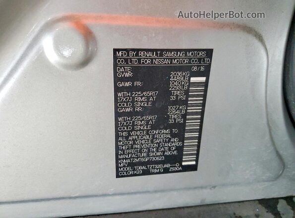 KNMAT2MT6GP730623 2016 NISSAN ROGUE Silver VIN sticker view
