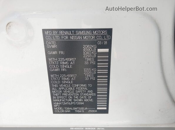 KNMAT2MT6JP572694 2018 NISSAN ROGUE White 