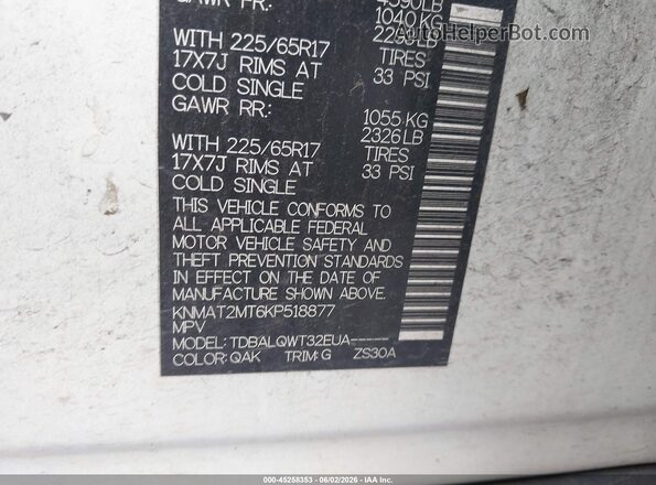 KNMAT2MT6KP518877 2019 NISSAN ROGUE White Вид підкапотного простору