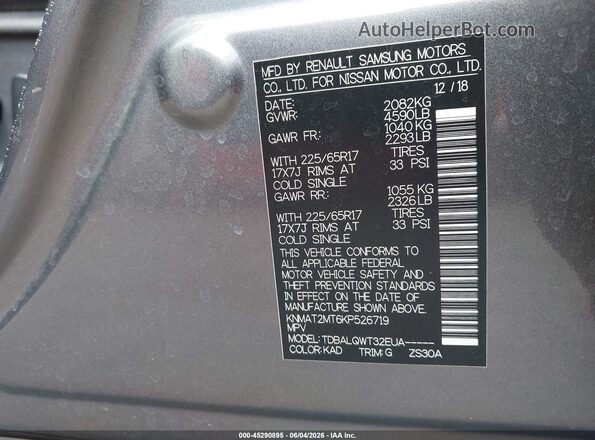 KNMAT2MT6KP526719 2019 NISSAN ROGUE Gray 