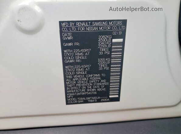 KNMAT2MT6KP541706 2019 NISSAN ROGUE White VIN sticker view