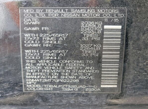 KNMAT2MT7GP622298 2016 NISSAN ROGUE Black Вид наклейки з VIN-кодом