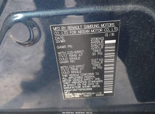 KNMAT2MT7GP653888 2016 NISSAN ROGUE Blue Вид підкапотного простору