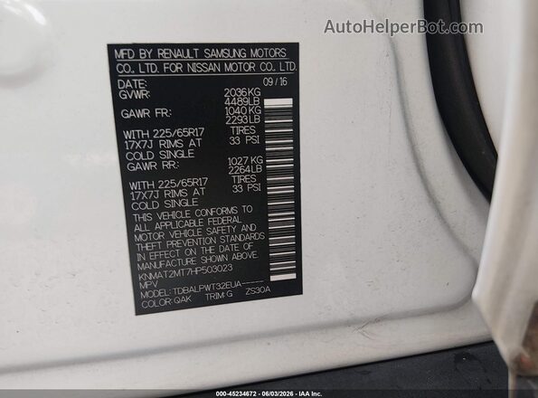 KNMAT2MT7HP503023 2017 NISSAN ROGUE White Engine compartment view