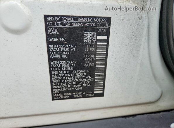KNMAT2MT7JP572641 2018 NISSAN ROGUE White Widok naklejki z numerem VIN