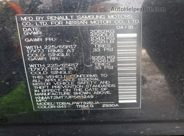 KNMAT2MT7JP583249 2018 NISSAN ROGUE Black VIN sticker view