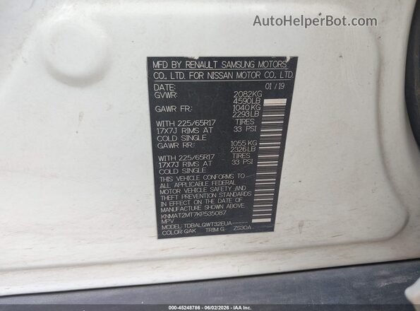 KNMAT2MT7KP535087 2019 NISSAN ROGUE White Widok komory silnika