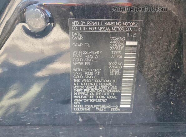 KNMAT2MT9GP625767 2016 NISSAN ROGUE Black VIN sticker view