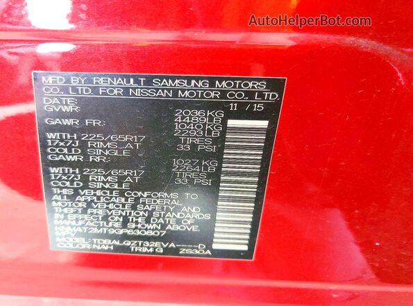 KNMAT2MT9GP630807 2016 NISSAN ROGUE Red VIN կոդի պիտակի տեսք