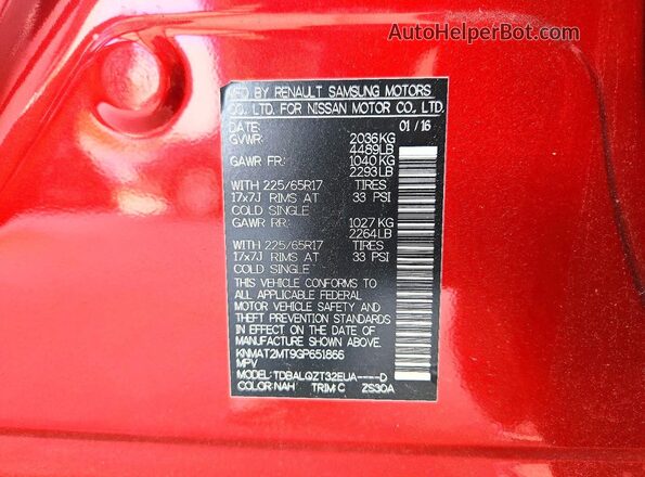 KNMAT2MT9GP651866 2016 NISSAN ROGUE Red VIN կոդի պիտակի տեսք