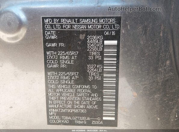 KNMAT2MT9GP687363 2016 NISSAN ROGUE Gray Engine compartment view