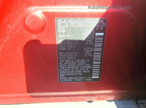 KNMAT2MT9GP727165 2016 NISSAN ROGUE Red VIN კოდის სტიკერის ხედი