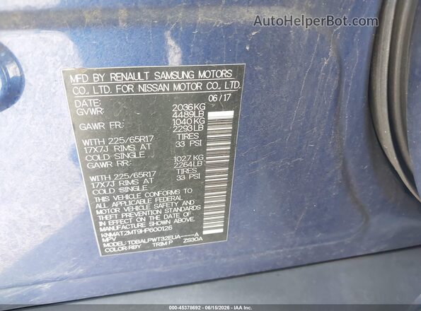 KNMAT2MT9HP600126 2017 NISSAN ROGUE Dark Blue Widok komory silnika