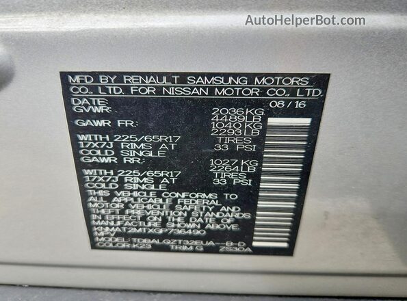 KNMAT2MTXGP736490 2016 NISSAN ROGUE Silver Vista interior de 360 grados