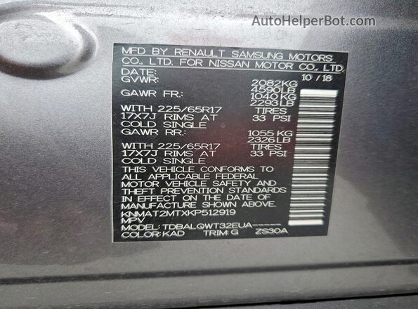 KNMAT2MTXKP512919 2019 NISSAN ROGUE Gray 