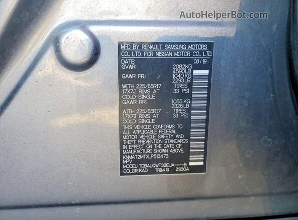 KNMAT2MTXLP513473 2020 NISSAN ROGUE Gray Вид підкапотного простору
