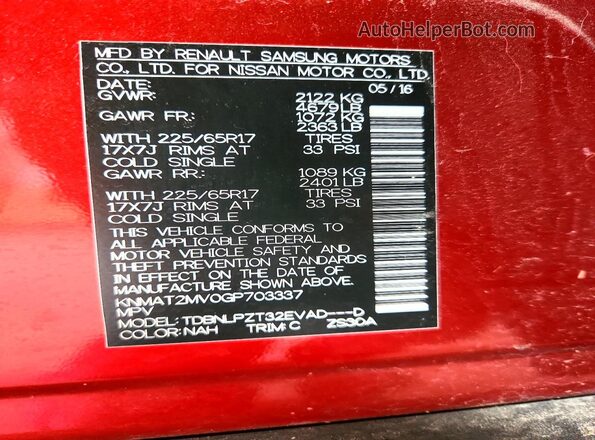 KNMAT2MV0GP703337 2016 NISSAN ROGUE Red VIN կոդի պիտակի տեսք