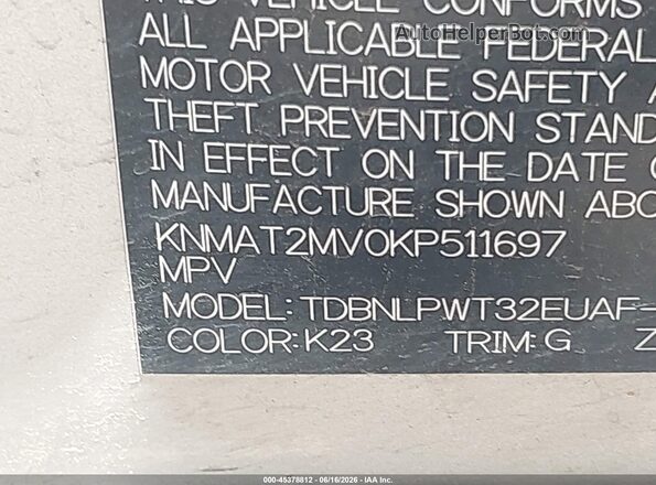 KNMAT2MV0KP511697 2019 NISSAN ROGUE Серебряный 