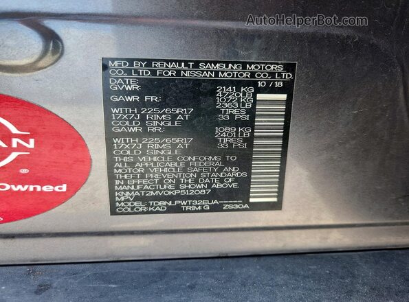 KNMAT2MV0KP512087 2019 NISSAN ROGUE Gray 