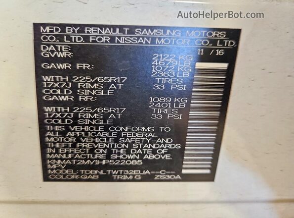 KNMAT2MV1HP522085 2017 NISSAN ROGUE White 