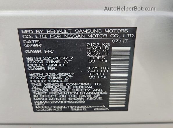 KNMAT2MV1HP601059 2017 NISSAN ROGUE Silver VIN կոդի պիտակի տեսք