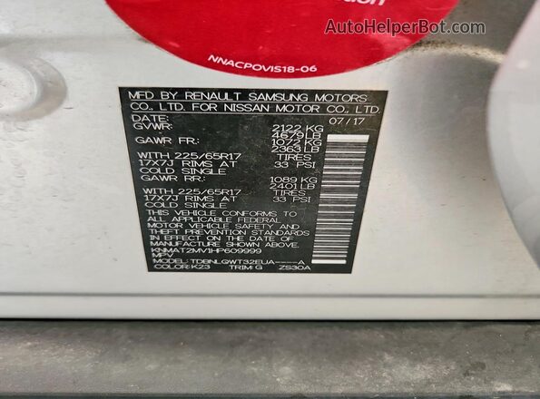 KNMAT2MV1HP609999 2017 NISSAN ROGUE Silver VIN կոդի պիտակի տեսք