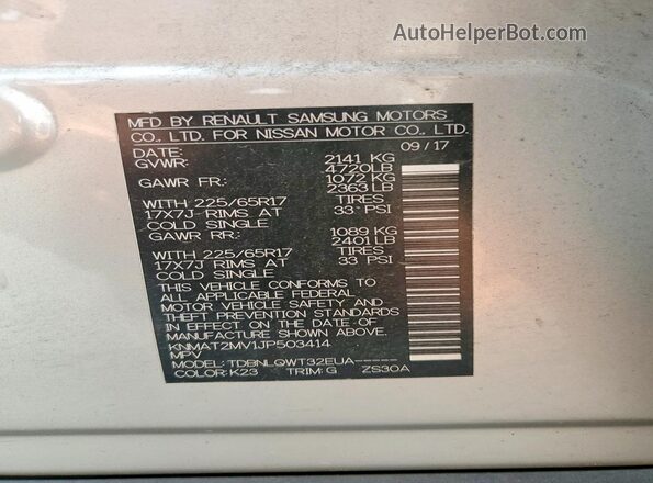 KNMAT2MV1JP503414 2018 NISSAN ROGUE Silver Вид наклейки з VIN-кодом