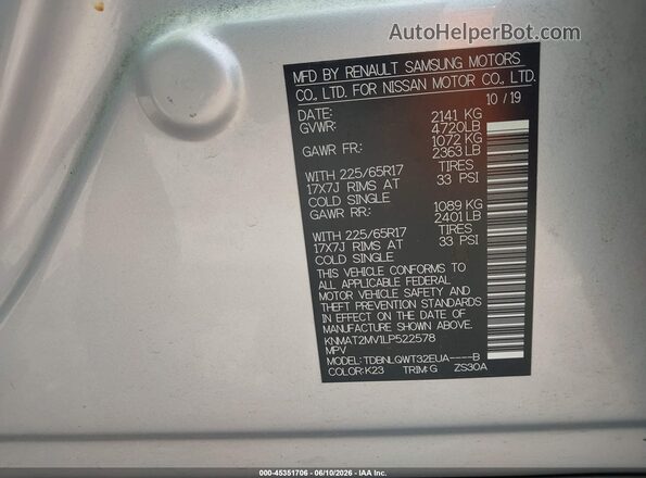 KNMAT2MV1LP522578 2020 NISSAN ROGUE Silver Vista del compartimento del motor