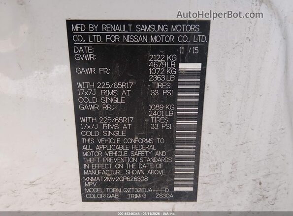KNMAT2MV2GP626308 2016 NISSAN ROGUE White Engine compartment view