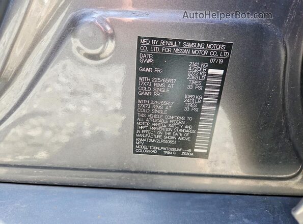 KNMAT2MV2LP510651 2020 NISSAN ROGUE Gray VIN კოდის სტიკერის ხედი