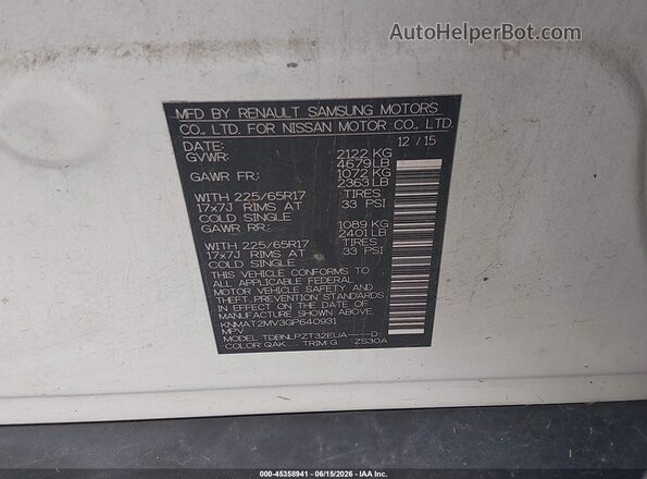 KNMAT2MV3GP640931 2016 NISSAN ROGUE White 