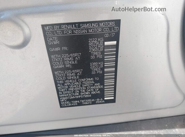 KNMAT2MV3HP571854 2017 NISSAN ROGUE Gray Widok komory silnika