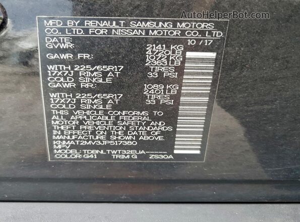 KNMAT2MV3JP517380 2018 NISSAN ROGUE Black Vista de la etiqueta del VIN