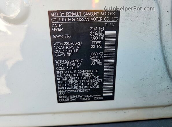 KNMAT2MV3JP526757 2018 NISSAN ROGUE White Вид наклейки з VIN-кодом