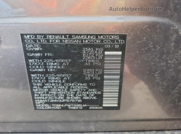 KNMAT2MV3JP575716 2018 NISSAN ROGUE Charcoal VIN კოდის სტიკერის ხედი